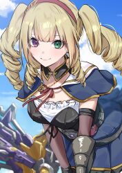  1girl assault_lily belt black_belt black_collar black_gloves black_ribbon blonde_hair blue_capelet blue_skirt blue_sky blunt_bangs blurry blush breasts capelet closed_mouth collar commentary_request cowboy_shot day depth_of_field detached_sleeves drill_hair drill_sidelocks frilled_shirt frills gloves green_eyes hairband heterochromia highres holding holding_weapon houji_tea_latte jewelry komai_sumire leaning_forward long_hair looking_at_viewer medium_breasts necklace odaiba_girls_high_school_uniform pendant pink_eyes pleated_skirt red_hairband red_ribbon ribbon school_uniform shirt sidelocks skirt sky smile solo standing strapless strapless_shirt twintails two-tone_shirt weapon white_shirt 
