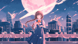  1girl :| absurdres apocalypse belt belt_buckle blue_belt blue_dress blue_sky bow bowtie braid braided_twintails brown_hair buckle building city closed_eyes closed_mouth collared_shirt commentary_request cool_colors cowboy_shot cup destruction dress expressionless floating_hair full_moon highres holding holding_cup holding_plate long_hair meteor meteor_shower moon night orange_bow orange_bowtie original outdoors parted_bangs pinafore_dress plate pleated_dress shirt short_sleeves sky skyline skyscraper sleeveless sleeveless_dress solo standing star_(sky) starry_sky straight-on teacup white_shirt yanagima_yu03 