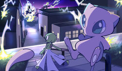  3others absurdres battle blue_eyes bob_cut cinappses colored_skin commentary commission dress electricity english_commentary gardevoir grass green_hair green_skin handrail highres mew_(pokemon) miraidon multicolored_skin multiple_others night pink_fur pokemon pokemon_(creature) two-tone_skin white_dress white_skin 