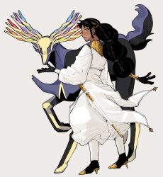  1girl absurdres antlers black_hair blue_eyes braid closed_mouth commentary_request dark-skinned_female dark_skin desscaras earrings gloves hair_bun highres holding holding_sword holding_weapon horns jewelry long_hair long_sleeves madan_no_ichi pokemon pokemon_(creature) rapier shirt simple_background standing sword tomori_(inoutomori) twintails very_dark_skin weapon witch xerneas yellow_eyes 