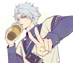  1boy absurdres aqua_hair bleach bleach:_sennen_kessen-hen blue_eyes blue_shirt casual coffee_mug collared_shirt cup highres hitsugaya_toushirou hitsugaya_toushirou_(adult) holding holding_cup male_focus messy_hair mug n_(nauki_11) shirt sleeveless sleeveless_sweater solo spiky_hair sweater sweater_tucked_in v 