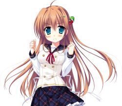  1girl ahoge aqua_eyes back_bow black_socks blue_skirt bow bowtie brown_hair buttons collarbone double-breasted frilled_skirt frills game_asset hair_flaps long_hair long_sleeves magical_marriage_lunatics!! miniskirt neck_ribbon non-web_source official_art open_mouth plaid_clothes plaid_sailor_collar plaid_skirt pleated_skirt red_bow red_bowtie red_hair ribbon sailor_collar school_uniform serafuku shirahase_yuuna shirt simple_background skirt socks tachi-e transparent_background two-tone_shirt white_shirt yamakaze_ran yellow_eyes 