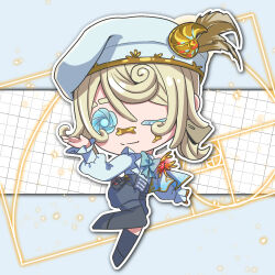  1boy androgynous asymmetrical_bangs beret black_boots black_shorts blonde_hair blue_bow blue_bowtie boots bow bowtie button_eyes buttons character_doll chibi chibi_only commentary_request deformed doll dress edgar_valden edgar_valden_(golden_ratio) eyebrow_cut frilled_dress frilled_shirt_collar frills gem gold_trim golden_spiral grid_background hand_up hat high-waist_shorts highres identity_v kinoshita_aki knee_boots long_sleeves medium_hair one_eye_closed outline red_gem shorts solo standing standing_on_one_leg white_background white_hat white_outline 