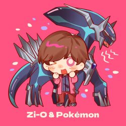  1boy 2786867956wuyu animification brown_hair chinese_commentary collared_shirt commentary_request crossover dialga full_body hands_up highres kamen_rider kamen_rider_zi-o_(series) long_sleeves looking_at_viewer one_eye_closed open_mouth pants pink_background pink_eyes pokemon pokemon_(creature) red_pants shirt shoes short_hair simple_background standing tokiwa_sougo 