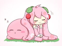  1girl ahoge blush_stickers cherry_hair_ornament chibi chibi_only closed_eyes closed_mouth commentary_request detached_sleeves double-parted_bangs food-themed_hair_ornament full_body grass hair_ornament hatsune_miku kirby kirby_(series) leaf_hair_ornament long_hair necktie nukotun pink_hair pink_necktie pink_sleeves sakura_miku simple_background sitting sleeping smile twintails very_long_hair vocaloid white_background zzz 