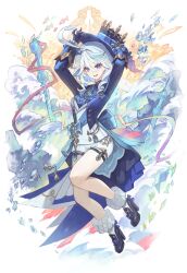  1girl absurdres ahoge arms_up ascot black_shoes blue_ascot blue_gem blue_hair blue_jacket breasts coattails commentary_request cowlick drop-shaped_pupils eyelash_ornament furina_(genshin_impact) gem genshin_impact hat heterochromia high_heels highres jacket korean_commentary mangsik medium_breasts multicolored_hair ouji_fashion shoes shorts socks solo streaked_hair symbol-shaped_pupils tailcoat top_hat vest water wavy_hair white_hair white_shorts white_socks white_vest 