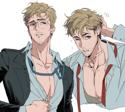  1girl beard beard_stubble blonde_hair blue_eyes casual collared_shirt ddiu0 facial_hair glasses highres male_focus messy_hair muscular muscular_male open_clothes open_shirt project_hail_mary round_eyewear ryland_grace shirt solo stubble white_shirt 