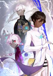  1girl 3boys absurdres aquact arjuna_(fate) arjuna_(third_ascension)_(fate) black_eyes black_hair blue_eyes boy_vajra_(fate) brown_eyes brown_hair colored_skin commentary_request dark-skinned_male dark_skin earrings facial_mark fate/grand_order fate_(series) girl_vajra_(fate) gloves grey_skin hair_between_eyes highres indra_(fate) indra_no_dai_shiren jewelry lightning_bolt_facial_mark lightning_bolt_symbol long_sleeves looking_at_viewer male_focus multiple_boys red_eyes shirt short_hair signature smile white_gloves white_hair 