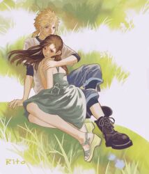  1boy 1girl aged_down aqua_dress arm_support artist_name bare_arms bare_legs bare_shoulders black_hair blonde_hair blue_eyes blue_flower blue_shorts boots brown_hair child closed_mouth cloud_strife commentary_request dress final_fantasy final_fantasy_vii final_fantasy_vii_remake floating_hair flower full_body grass hair_behind_ear hand_on_another's_shoulder highres looking_at_viewer low_ponytail ponytail red_eyes sandals shirt shorts sitting spiky_hair sundress t-shirt tifa_lockhart tori_(labyrinth_fft) white_shirt yokozuwari 