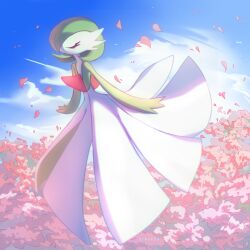  1girl absurdres artist_name blue_sky bob_cut closed_eyes colored_skin commentary dress eitgtzcp falling_petals gardevoir green_hair green_skin highres multicolored_skin petals pink_petals pokemon pokemon_(creature) sky two-tone_skin white_dress white_skin 