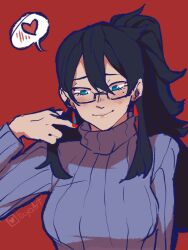  1girl artist_name blue_eyes blush boku_no_hero_academia breasts earrings glasses heart jewelry long_hair midnight_(boku_no_hero_academia) mole mole_under_eye ponytail red_background red_nails speech_bubble sweater tagme to_yoart 