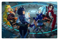  4girls :d ;) ahoge animal_ears belt belt_pouch black_boots black_hair blake_belladonna blake_belladonna_(atlas) blonde_hair blue_eyes blue_gloves blue_hair blush boots border breasts brown_belt brown_corset brown_gloves brown_jacket brown_shoes cape cat_ears cat_girl chair closed_mouth corset cup director's_chair disposable_cup drink drinking drinking_straw drinking_straw_in_mouth elbow_gloves erin_winn eyelashes fingerless_gloves fingernails folding_chair fur-trimmed_jacket fur_trim gloves gradient_hair green_eyes hair_between_eyes hand_on_another's_back high_heel_boots high_heels highres holding holding_cup holding_drink holding_paper hood hood_down hooded_cape jacket long_hair long_sleeves looking_at_viewer looking_back multicolored_hair multiple_girls no_prosthetic_arm official_art on_chair one_eye_closed open_clothes open_jacket open_mouth orange_gloves paper paperclip pen pouch red_cape red_hair red_shirt red_skirt ruby_rose ruby_rose_(atlas) rwby scar scar_across_eye scar_on_face shadow shirt shoes short_hair sitting skirt smile sticky_note teeth third-party_source two-tone_hair upper_teeth_only very_long_hair violet_eyes waving weiss_schnee weiss_schnee_(atlas) white_border white_shirt yang_xiao_long yang_xiao_long_(atlas) yellow_eyes zipper 