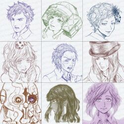  4girls 5boys alice_(kyokugen_dasshutsu) aviator_cap bolo_tie braid closed_mouth clover_facial_mark collared_shirt commentary_request cracked_helmet crying crying_with_eyes_open dark-skinned_female dark_skin dio_(kyokugen_dasshutsu) earrings eyelashes flower hair_flower hair_ornament hat helmet highres holding holding_paper jewelry k_(kyokugen_dasshutsu) kyokugen_dasshutsu kyokugen_dasshutsu_adv:_zennin_shibou_desu limited_palette lips long_hair luna_(kyokugen_dasshutsu) multiple_boys multiple_girls old old_man open_mouth otogiku paper phi_(kyokugen_dasshutsu) quark_(kyokugen_dasshutsu) shirt short_hair sigma_(kyokugen_dasshutsu) simple_background sweatdrop tears teeth tenmyouji_(kyokugen_dasshutsu) tongue tongue_out top_hat twin_braids twitter_username upper_teeth_only watermark white_background wrinkled_skin yotsuba_(kyokugen_dasshutsu) 