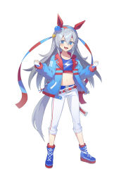  1girl :d animal_ears belt blue_boots blue_eyes blue_jacket blue_sports_bra boots clenched_hands commentary ear_covers fang fingerless_gloves full_body gloves grey_hair grey_tail hair_between_eyes hairband headband highres horse_ears horse_girl horse_tail jacket lightning_bolt_print long_hair long_sleeves looking_at_viewer midriff multicolored_hairband navel open_clothes open_jacket open_mouth p_changgun pants pants_rolled_up red_belt shoes simple_background smile solo sports_bra standing striped_clothes striped_hairband tachi-e tail tamamo_cross_(fast_as_lightning)_(umamusume) tamamo_cross_(umamusume) two-tone_hairband umamusume untranslatable_commentary v-shaped_eyebrows white_background white_gloves white_pants 