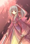 bangs blunt_bangs character_request elf japanese_clothes kimono payot pointy_ears ponytail red_eyes silver_hair source_request sword weapon 