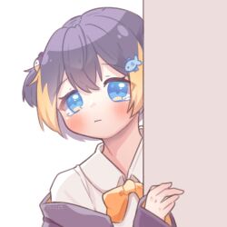  1girl blonde_hair blue_eyes blush bow bowtie closed_mouth collared_shirt commentary_request double-parted_bangs fish_hair_ornament hair_between_eyes hair_ornament highres jacket long_sleeves looking_at_viewer mogyiu multicolored_hair nijisanji nijisanji_en off_shoulder open_clothes open_jacket orange_bow orange_bowtie petra_gurin purple_hair purple_jacket shirt short_hair simple_background sleeves_past_wrists solo tearing_up two-tone_hair upper_body virtual_youtuber white_background white_shirt 