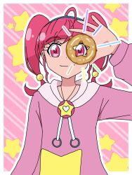  1girl absurdres ahoge anime_coloring blue_hairband blunt_bangs closed_mouth commentary_request dot_nose doughnut eyelashes food hair_bobbles hair_ornament hairband happy highres holding holding_food hood hood_down hoodie hoshina_hikaru lambda4000 long_hair long_sleeves looking_at_viewer loose_hair_strand official_style outline pink_background pink_eyes pink_hair pink_hoodie precure print_hoodie puffy_long_sleeves puffy_sleeves smile solo star_(symbol) star_pendant star_print star_symbol_background star_twinkle_precure straight-on striped_background tareme twintails upper_body white_outline 