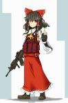  artist_request assault_rifle blush boots bow brown_hair dress explosive grenade gun hair_bow hakurei_reimu japanese_clothes load_bearing_vest long_hair m4_carbine mekahisui miko operator orb rifle smile solo tactical_vest touhou vertical_foregrip weapon yellow_eyes yin_yang 