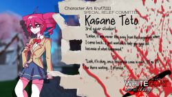  ahoge armband artist_name artist_request blazer blood blood_stain blue_skirt blurry blurry_background bow bowtie character_profile cherry_blossoms commentary drill_hair english_commentary english_text hand_on_own_hip highres jacket kasane_teto kasane_teto_(utau) kruf7111 logo long_sleeves paper pleated_skirt red_armband red_bow red_bowtie red_eyes red_hair roblox school_uniform second-party_source shirt skirt thigh-highs tokubetsu_kyuusai_iinkai_(vocaloid) tree twin_drills vocaloid white_shirt white_thighhighs whitecoat:_a_vocaloid_story_(game) 