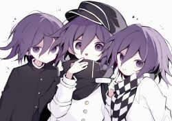  3boys black_cape black_hat black_jacket black_scarf buttons cape checkered_clothes checkered_scarf closed_mouth commentary_request danganronpa_(series) danganronpa_v3:_killing_harmony expressionless hair_between_eyes hand_up hat index_finger_raised jacket long_sleeves male_focus multiple_boys multiple_persona notice_lines oma_kokichi open_mouth purple_hair scarf short_hair simple_background smile suisei_(su_rkgk) two-tone_scarf violet_eyes white_background white_jacket white_scarf 