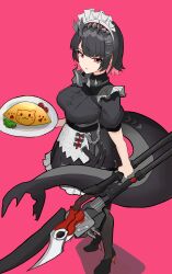  1girl absurdres animal_print black_hair breasts cat_print colored_inner_hair ellen_joe fins fish_tail food full_body hair_ornament hairband highres holding holding_food holding_weapon kashiwamochi_(kashiwamo) large_breasts large_tail looking_at_viewer maid maid_headdress metal_hairband mole mole_under_eye multicolored_hair omelet pantyhose pink_background razor_blade_hair_ornament red_eyes red_hair shadow shark_girl shark_tail short_hair simple_background solo spiked_headband tail two-tone_hair weapon zenless_zone_zero 