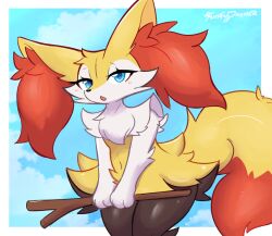  1girl animal_ear_fluff animal_ears animal_nose black_fur blush body_fur braixen commentary_request fluffydasher fox_ears fox_girl fox_tail furry furry_female looking_at_viewer multicolored_fur open_mouth pokemon pokemon_(creature) red_eyes solo tail white_fur yellow_fur 