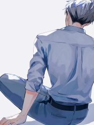  1boy absurdres belt black_belt black_hair blue_pants blue_shirt collared_shirt denim from_behind grey_hair haikyuu!! highres jeans kita_shinsuke male_focus multicolored_hair nico_0 pants shirt shirt_tucked_in short_hair simple_background sitting sleeve_cuffs solo two-tone_hair very_short_hair white_background 
