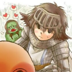  1boy 1girl 2000s_(style) armor brown_eyes brown_hair brown_wings chainmail closed_mouth colored_skin commentary_request feathered_wings female_orc forest green_skin head_wings heart knight_(ragnarok_online) lowres nature orc orc_lady_(ragnarok_online) pauldrons peco_peco ragnarok_online reins shoulder_armor spoken_heart todoemon upper_body visor_(armor) wings 
