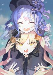  2girls absurdres blonde_hair blue_hair bonnet braid capelet closed_eyes commentary_request detective flower hair_ornament hat highres hug leaf_hair_ornament long_hair magical_girl mahou_shoujo_no_majo_saiban multiple_girls naaga_sonomono open_mouth rose sky smile spoilers sweat tachibana_sherry tono_hanna twin_braids twintails yellow_eyes yellow_flower yellow_rose yuri 
