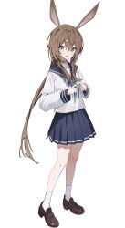  1girl :d absurdres alternate_costume amiya_(arknights) animal_ears aqua_eyes aqua_neckerchief arknights blue_sailor_collar blue_skirt blush brown_hair brown_shoes choker crossed_bangs full_body hair_between_eyes highres index_fingers_together infection_monitor_(arknights) loafers long_hair long_sleeves looking_at_viewer low_ponytail neckerchief open_mouth pleated_skirt ponytail rabbit_ears rabbit_girl sailor_collar school_uniform serafuku shirt shoes sidelocks simple_background skirt smile socks solo standing tachi-e toki_(yoyobozi) very_long_hair white_background white_serafuku white_socks 