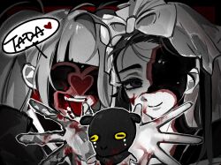  1boy 2girls alien_stage blood blood_on_face blood_on_hand blunt_bangs bow closed_mouth commentary crying hair_bow heart highres long_hair mizi_(alien_stage) multiple_girls official_alternate_costume open_mouth p9kk3 partially_colored sheep_mask smile speech_bubble sua_(alien_stage) tongue tongue_out twintails untranslatable_commentary veil violet_eyes zombie_stage 