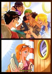  afro antlers black_hair brown_hair curly_eyebrows facial_hair goatee hair_over_one_eye happy highres horns itstheenami light_smile monkey_d._luffy multiple_boys multiple_girls mustache_stubble nami_(one_piece) nico_robin one_piece reindeer_antlers sanji_(one_piece) smile stubble tony_tony_chopper usopp 