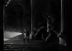  1girl ankle_boots backpack bag boots column commentary dark english_commentary from_side greyscale highres holding holding_lantern holding_stick hood hood_up hooded_jacket jacket lantern long_sleeves mn90047517 monochrome monster original pillar profile stairs standing stick walking 