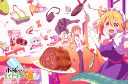  3girls alarm_clock apartment artist_request bag black_dress blonde_hair blue_eyes bottle bowl breasts carving chair character_doll clock commentary_request controller couch counter cup doll door dragon_girl dragon_horns dragon_tail dress food frying_pan game_controller glasses gradient_hair heart heart_hands heart_hands_duo holding holding_cup horns jacket kanna_kamui kobayashi-san_chi_no_maidragon kobayashi_(maidragon) ladle large_breasts long_dress looking_up meat mug multicolored_hair multiple_girls official_art orange_eyes phone pink_hair plate ponytail purple_hair radio red_hair selfie shirt spatula table tail television tohru_(maidragon) twintails untucked_shirt unworn_jacket vacuum_cleaner 
