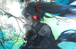  1girl black_sleeves branch character_name collared_shirt detached_sleeves floating_hair from_side glowing_headgear green_hair green_trim grey_nails grey_shirt hair_between_eyes hanaseto hatsune_miku head_on_hand highres outdoors shirt sleeveless sleeveless_shirt solo twintails upper_body vocaloid 