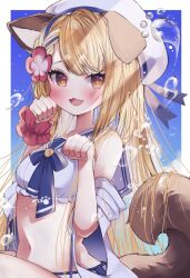  1girl :3 animal_ears bare_shoulders beret blonde_hair blue_sky blush braid breasts brown_eyes crop_top dog_ears dog_girl dog_tail erune fang flower granblue_fantasy hair_flower hair_ornament hands_up hat highres k0bo43 long_hair looking_at_viewer navel open_mouth paw_pose sailor_collar sailor_hat scrunchie shirt sky smile solo swimsuit tail vajra_(granblue_fantasy) vajra_(summer)_(granblue_fantasy) very_long_hair white_hat white_shirt wrist_scrunchie 