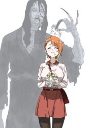  1boy 1girl :t bag behind_another belt belt_buckle black_hair black_kimono black_pantyhose bread breasts buckle closed_eyes closed_mouth clueless collared_shirt cowboy_shot creature crooked_teeth eating fingernails food food_on_face food_wrapper ghost hair_between_eyes hair_ornament hand_up happy height_difference highres holding holding_creature holding_food japanese_clothes kimono large_breasts long_fingernails long_hair long_hair_between_eyes melon_bread mieruko-chan old old_man orange_hair pantyhose pointy_chin raised_inner_eyebrows red_bag red_belt red_skirt sandals shirt short_hair shoulder_bag simple_background skirt smile standing stitched_eye sunomono sweater torn_clothes torn_kimono very_long_fingernails white_background white_shirt white_sweater wrinkled_skin x_hair_ornament yurikawa_hana 