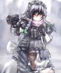  bow braid cqc gloves glowing glowing_eyes grey_hair gun hair_bow handgun izayoi_sakuya knife load_bearing_vest long_hair m1911 maid_headdress military operator panzer pistol red_eyes reverse_grip solo tactical_vest touhou twin_braids weapon 