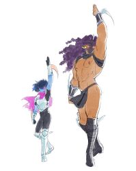  1boy 1other abs absurdres arm_blade arm_up armpits artist_name battle_tendency biceps blue_hair blue_skin colored_skin commentary crossover deltarune demonicboimike english_commentary glowing glowing_eye highres jojo_no_kimyou_na_bouken kars_(jojo) kris_(dark_world)_(deltarune) kris_(deltarune) long_hair muscular muscular_male pectorals twitter_username utdr_(toby_fox) wavy_hair weapon white_background 