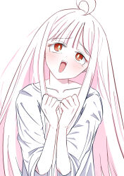  1girl ahoge brown_eyes cho_kaguya-hime! collarbone commentary_request hands_up highres kaguya_(cho_kaguya-hime!) long_hair mikage_tsuki open_mouth partially_colored shirt sidelocks simple_background solo unfinished white_background 