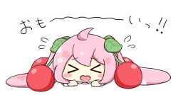 >_< 1girl ahoge blush_stickers cherry_hair_ornament chibi chibi_only closed_eyes commentary_request double-parted_bangs food-themed_hair_ornament full_body hair_ornament hatsune_miku heavy leaf_hair_ornament long_hair lying nukotun on_stomach open_mouth pink_hair sakura_miku simple_background solo twintails vocaloid white_background 