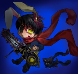  1boy animal animal_ears black_eyes black_hair black_pants blood blood_on_face blue_background blue_hoodie blue_scarf chainsaw chibi commentary dog english_commentary glitch_art hood hoodie j-core looking_at_viewer male_focus matcha_smith mismatched_pupils ozigiri pants rabbit_ears red_scarf rinnegan scarf short_hair smile solo 
