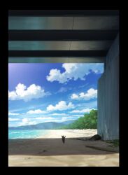 beach black_border blue_sky blurry border cat clouds commentary_request concrete depth_of_field highres mountain no_humans ocean original pei_(sumurai) sand scenery shadow sky tree 