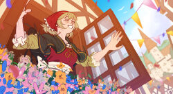  2girls absurdres alternate_costume apron black_capelet blonde_hair blue_flower blurry brown_shirt building capelet closed_eyes commentary day depth_of_field dress dungeon_meshi english_commentary falin_touden falin_touden_(tallman) falling_petals flower headscarf highres light_blush lindriart marcille_donato multiple_girls open_mouth open_window pennant petals pink_flower pointy_ears red_dress red_headscarf shirt short_hair simple_bird smile string_of_flags teeth three-quarter_sleeves upper_teeth_only waist_apron white_apron window yawning yellow_flower 