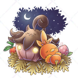  :< berry_(pokemon) closed_eyes closed_mouth commentary_request crescent_moon fangs fangs_out hiraisaki leppa_berry lying moon no_humans on_back pecha_berry pokemon pokemon_(creature) pokemon_focus pumpkaboo sleeping torchic 