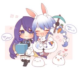  2girls :d animal_ears ascot blue_ascot blue_hair braid carrot carrot_hair_ornament coat_dress colored_inner_hair dress food-themed_hair_ornament fur-trimmed_gloves fur_scarf fur_trim gloves gradient_eyes gradient_hair hair_ornament highres holding_block hololive k0bo43 minecraft minecraft_pickaxe moona_hoshinova multicolored_eyes multicolored_hair multiple_girls open_mouth pekomon_(usada_pekora) pickaxe purple_hair rabbit_ears rabbit_girl short_eyebrows simple_background smile speech_bubble starry_hair thick_eyebrows twin_braids usada_pekora violet_eyes virtual_youtuber white_hair 