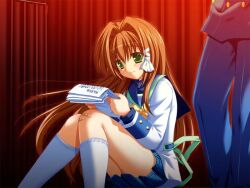  1boy 1girl back_bow blue_jacket blue_pants blue_sailor_collar blue_shirt blue_skirt bow bowtie brown_hair buttons clover_point curtains double-breasted game_asset green_bow green_eyes hair_intakes hair_ribbon holding holding_paper hugging_own_legs inamori_mahoshi indoors jacket kneehighs long_hair non-web_source official_art pants paper plaid_clothes plaid_skirt ribbon sailor_collar school_uniform shirt sitting skirt socks standing turtleneck white_jacket white_socks yellow_bow yellow_bowtie yuyi 