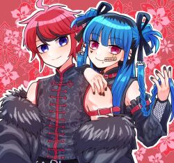  1boy 1girl amemiya_darumi arm_belt bare_shoulders belt black_hair black_nails black_ribbon black_shirt black_streaks blue_eyes blue_hair chinese_clothes collar commentary_request detached_sleeves double_bun face_piercing facial_mark fishnet_sleeves fishnets hair_bun hair_extensions hair_ribbon heart heart_facial_mark jacket jacket_partially_removed leaf_print light_blush makeup momo_(momo_2muco) multicolored_hair multicolored_shirt piercing red_belt red_collar red_eyes red_hair red_shirt ribbon ring_hair_extensions shirt sleeveless sleeveless_shirt smile streaked_hair sumino_takumi the_hundred_line_-last_defense_academy- 