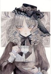  1girl black_hat black_shirt bow brown_eyes brown_hair commentary cup datennsi5 drill_hair english_commentary frilled_sleeves frills hand_up hat hat_bow hat_veil highres holding holding_cup holding_saucer juliet_sleeves long_sleeves medium_hair mole mole_under_mouth original painting_(medium) parted_lips puffy_sleeves quad_drills saucer shirt sideways_glance sleeve_cuffs solo straight-on teacup tilted_headwear traditional_media upper_body watercolor_(medium) 