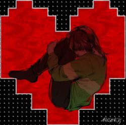  1other androgynous artist_name bent_back brown_hair commentary curled_up deltarune english_commentary fetal_position heart heart_background highres hugging_own_legs kris_(deltarune) long_sleeves looking_down niko_(haesan09) other_focus pants red_eyes red_soul_(utdr) short_hair signature simple_background soul_(character)_(deltarune) soul_(utdr) striped_clothes striped_sweater sweater utdr_(toby_fox) 